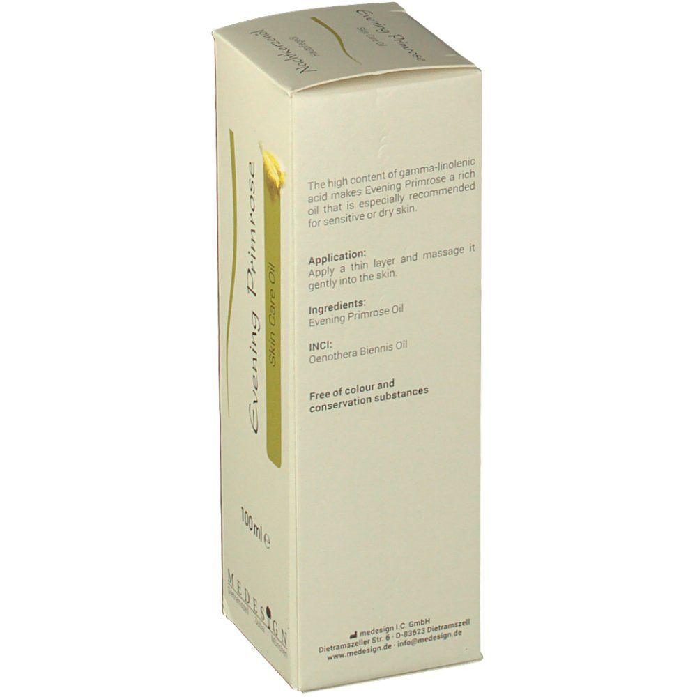Beige verpakking met tekst: Evening Primrose, Skin Care Oil. Tekst: 100ml e. Logo MEDESIGN. Tekst over ingrediënten en gebruik.