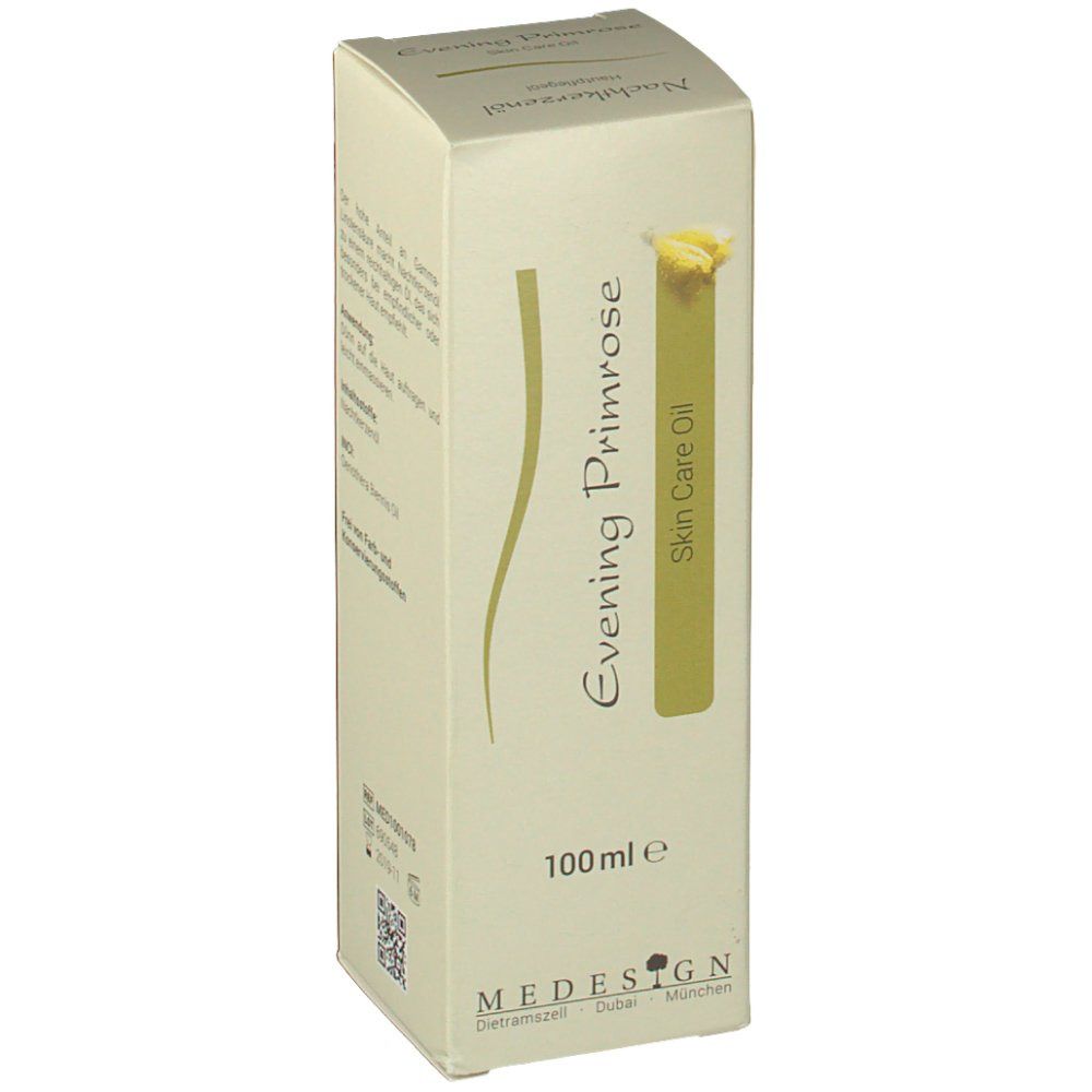 Beige verpakking met tekst: Evening Primrose, Skin Care Oil. Tekst: 100ml e. Logo MEDESIGN. QR-code en andere teksten.
