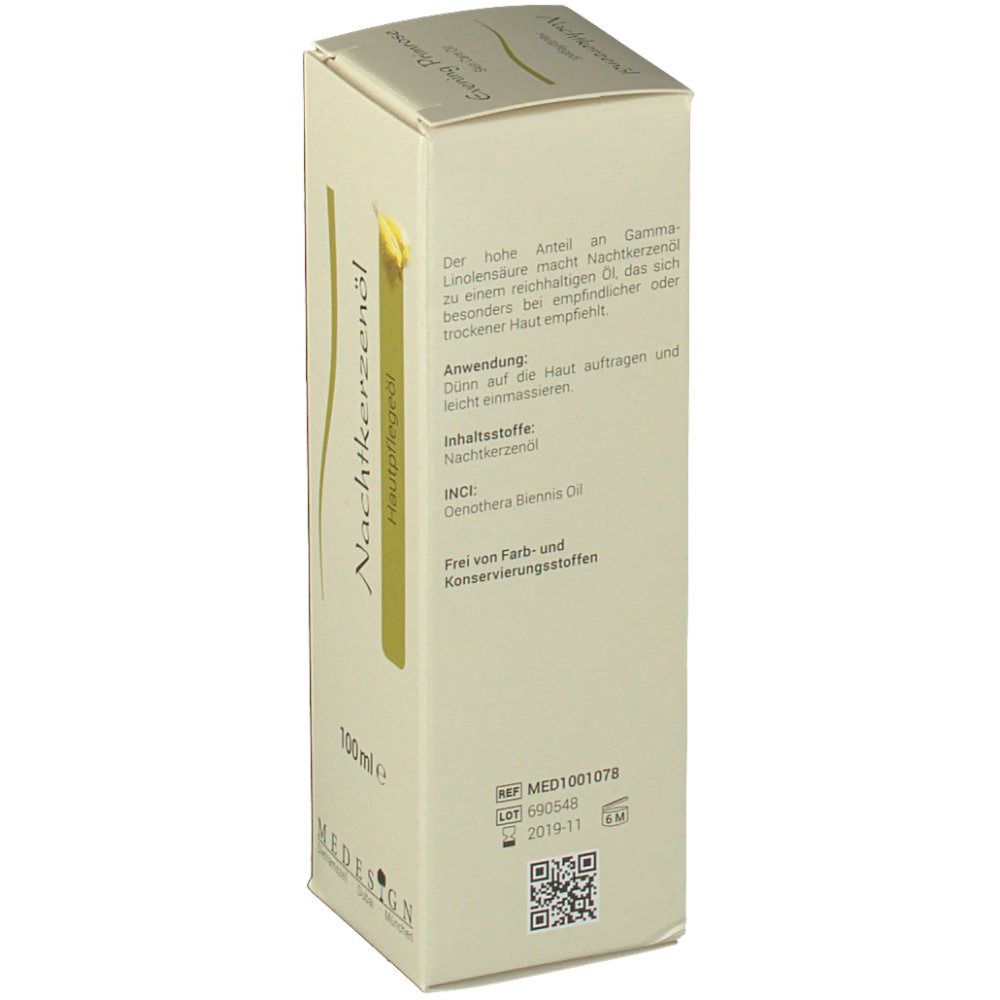 Beige verpakking met tekst: Nachtkerzenöl Hautpflegeöl. Tekst: 100ml e. Logo MEDESIGN. QR-code en andere teksten.