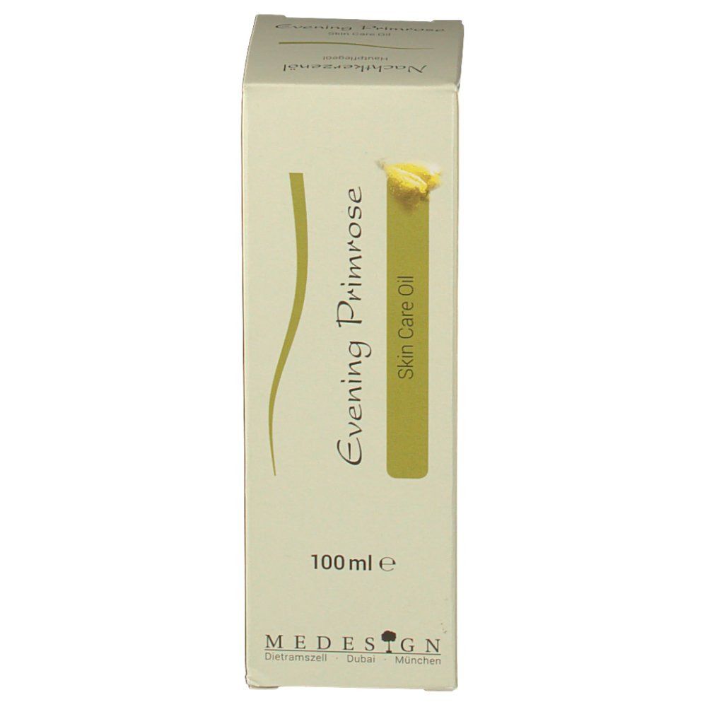Beige verpakking met tekst: Evening Primrose, Skin Care Oil. Tekst: 100ml e. Logo MEDESIGN.
