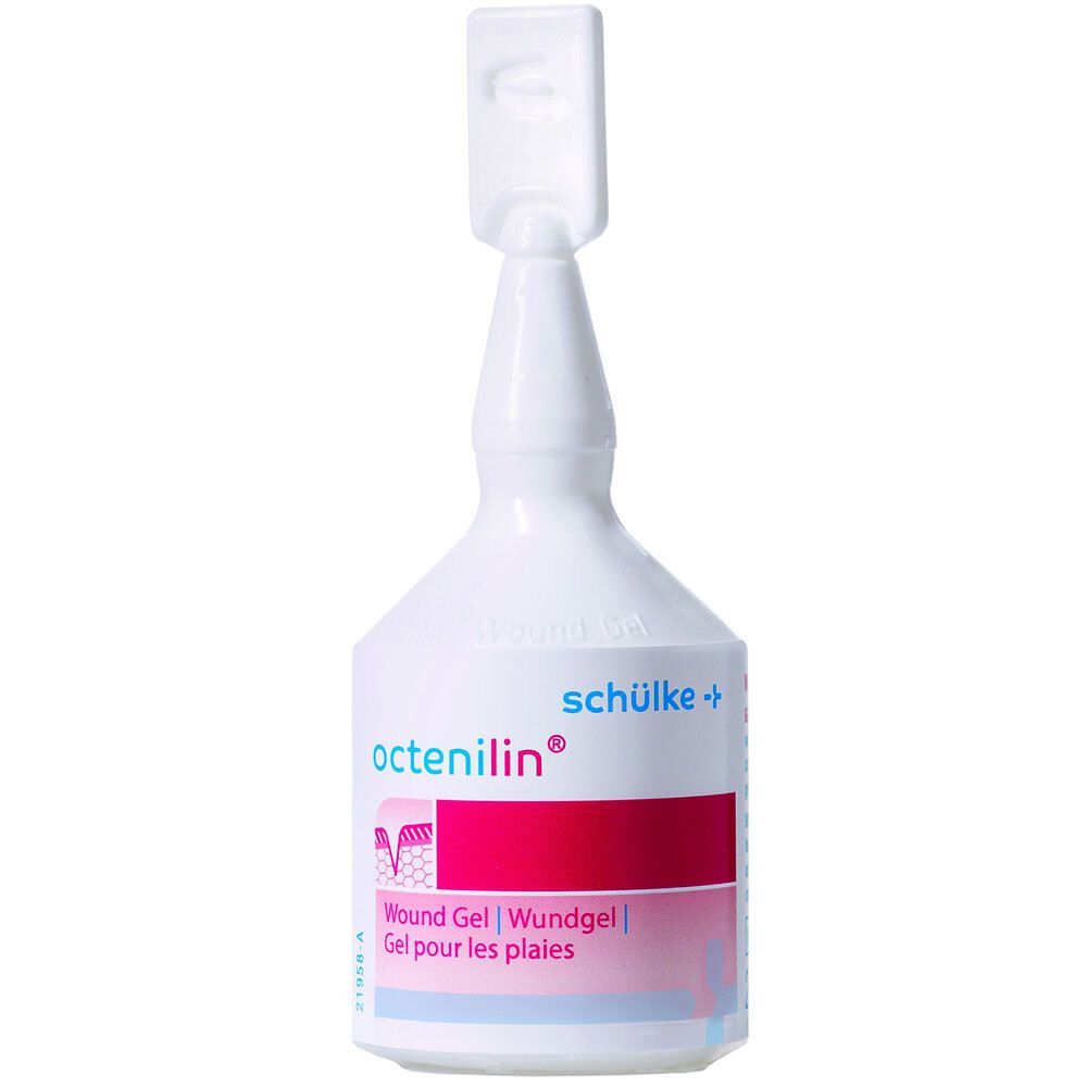 Witte fles met doseerhulpstuk. Opschrift octenilin® en schülke+. Rode strook met tekst. Gel voor wonden.