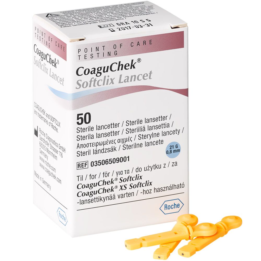 Boîte de 50 lancettes stériles, 21 G, 0,8 mm. Lancettes CoaguChek Softclix.