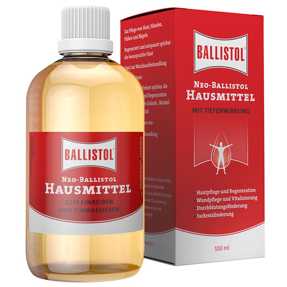 Fles en verpakking NEO-BALLISTOL® Hausmittel. Rode etiketten en doos met productnaam en logo. 100 ml.