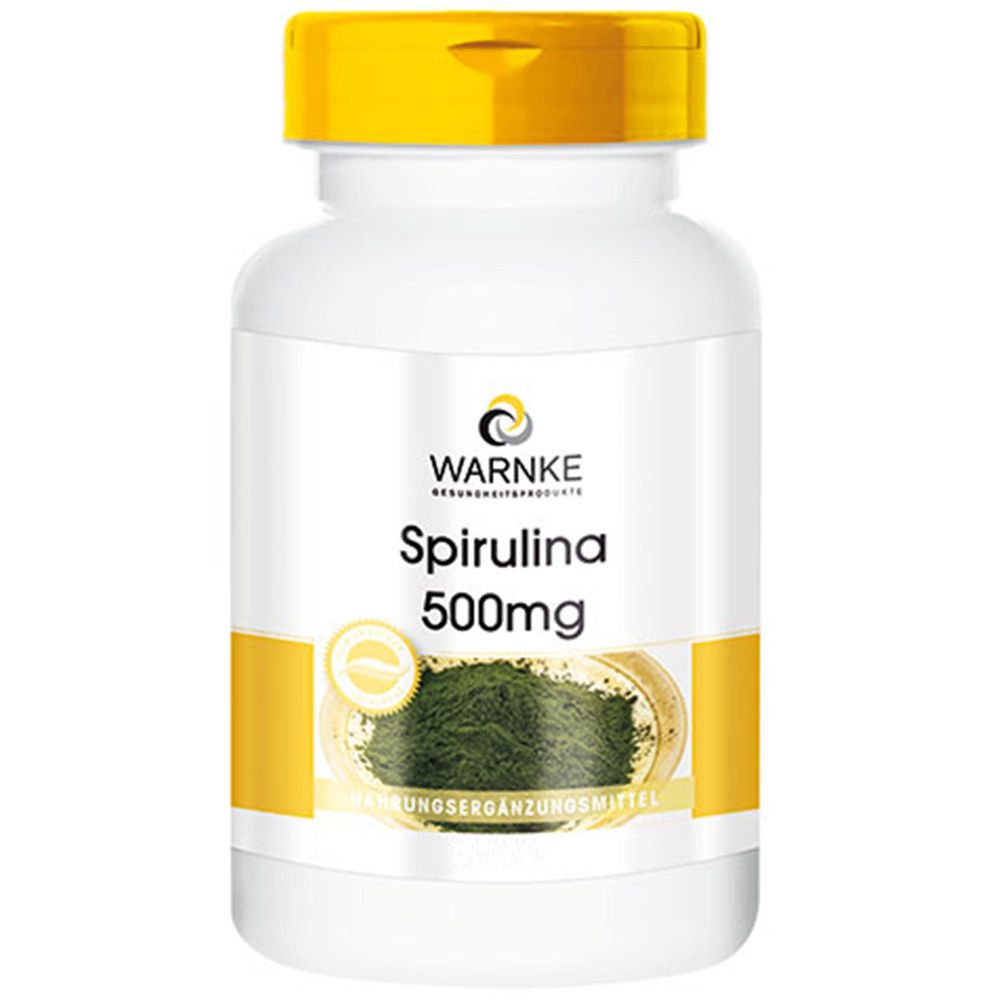 Flacon blanc à bouchon jaune. Inscription: WARNKE Spirulina 500mg. Poudre de spiruline en dessous. Étiquette jaune.