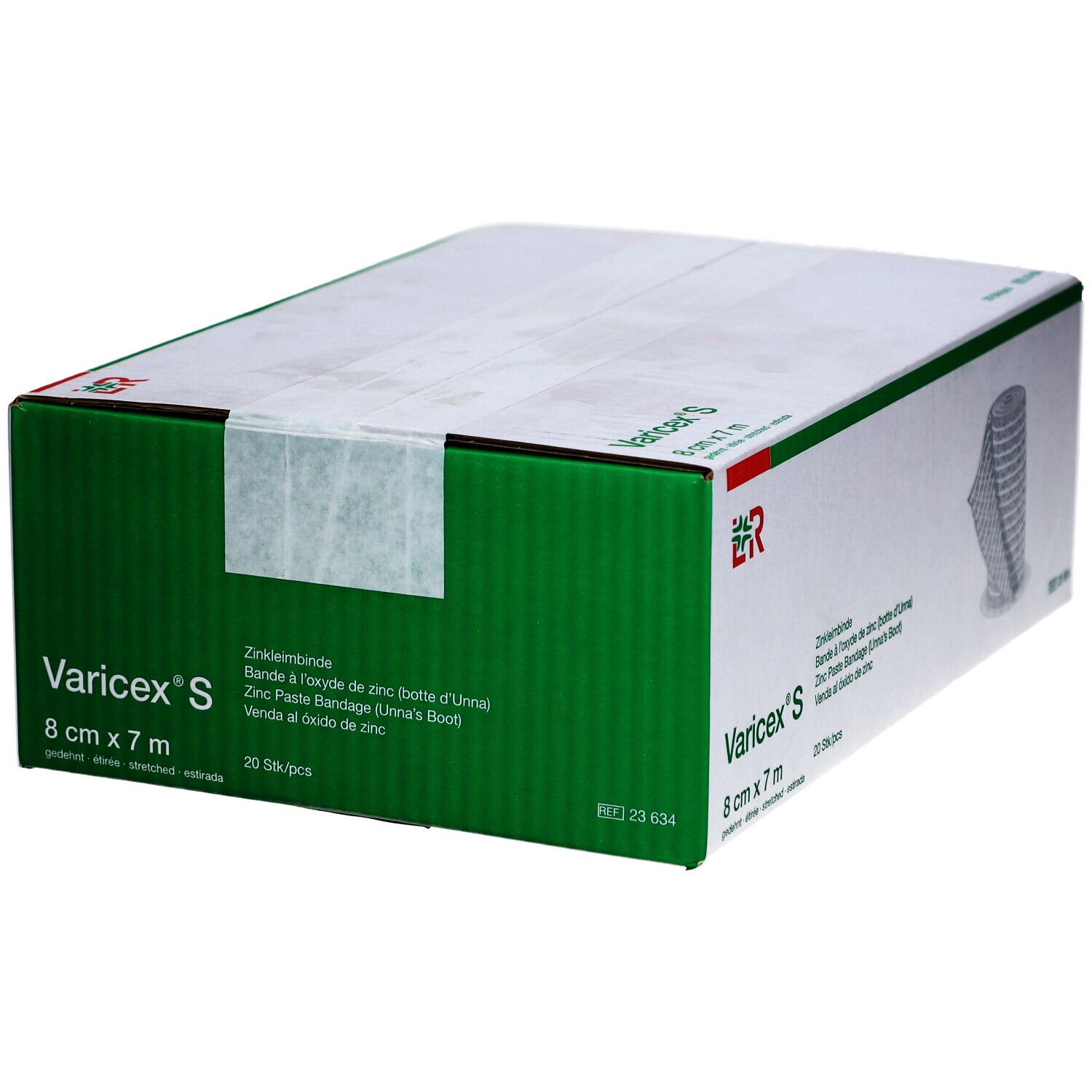 Emballage vert et blanc. Inscription: Varicex S, 8 cm x 7 m. Bande de zinc. Logo. 20 pcs. Bande représentée.