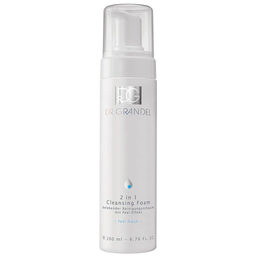 Flacon blanc avec pompe. Inscription: DR. GRANDEL, 2 in 1 Cleansing Foam. Graphique goutte bleue. Texte: feel fresh.