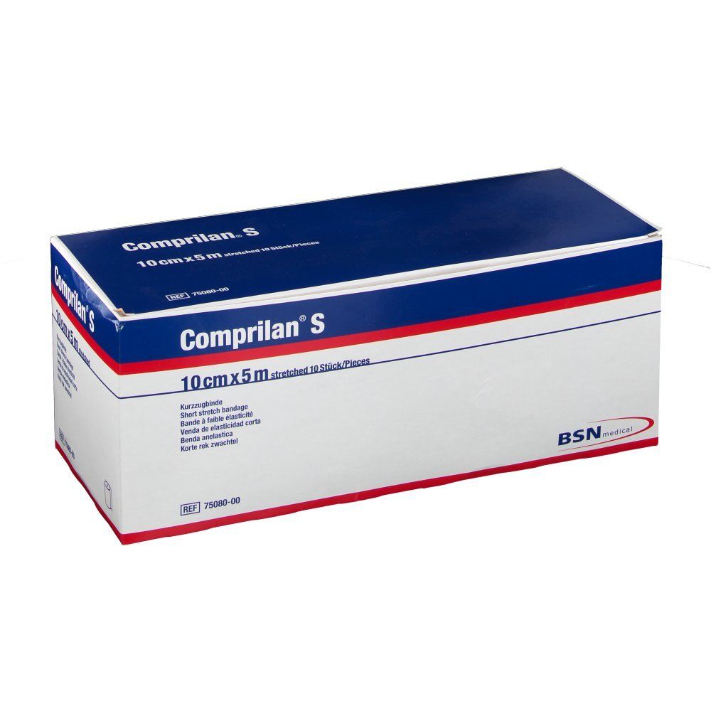 Verpakking van Comprilan S, 10cmx5m. Blauwe bovenkant met witte tekst. Bevat 10 stuks.