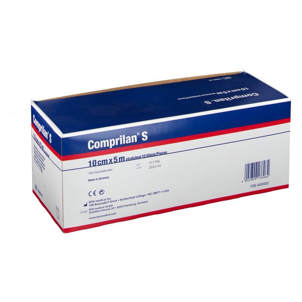 Verpakking van Comprilan S, 10cmx5m. Blauwe bovenkant met witte tekst. Barcode en fabrikantinfo.