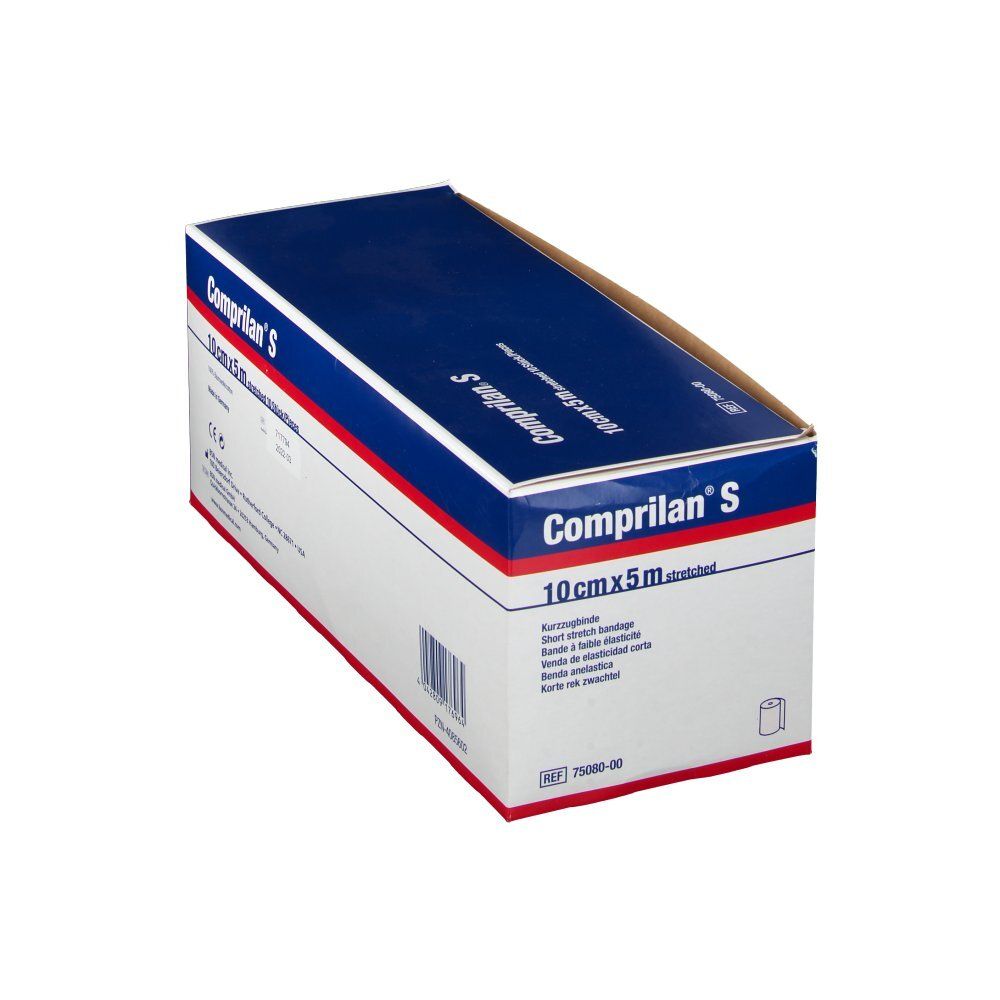 Schuin geplaatste verpakking van Comprilan S, 10cmx5m. Blauwe bovenkant met witte tekst.