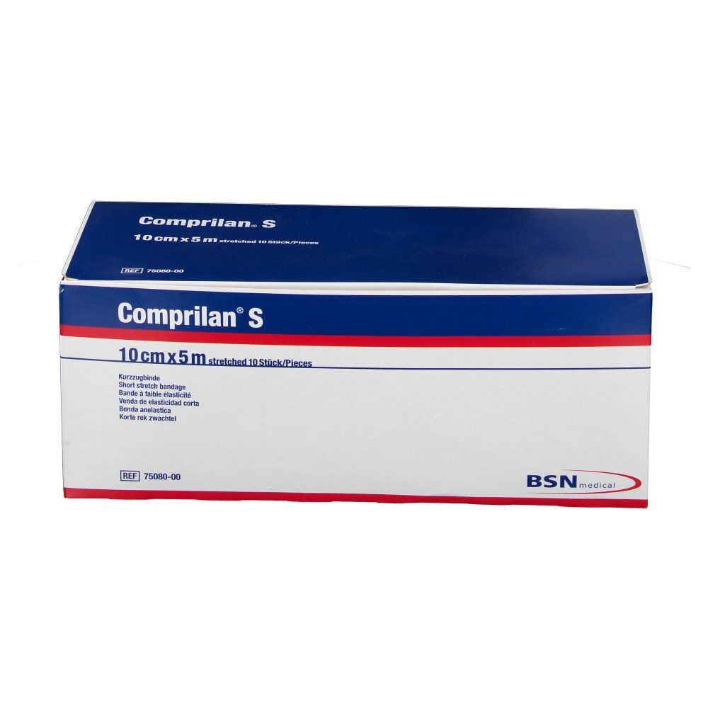 Verpakking van Comprilan S, 10cmx5m. Blauwe bovenkant met witte tekst. Fabrikantlogo BSN medical.
