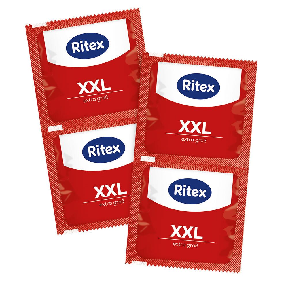 Vier rode condooms in individuele verpakking. Opschrift: Ritex, XXL, extra groß.
