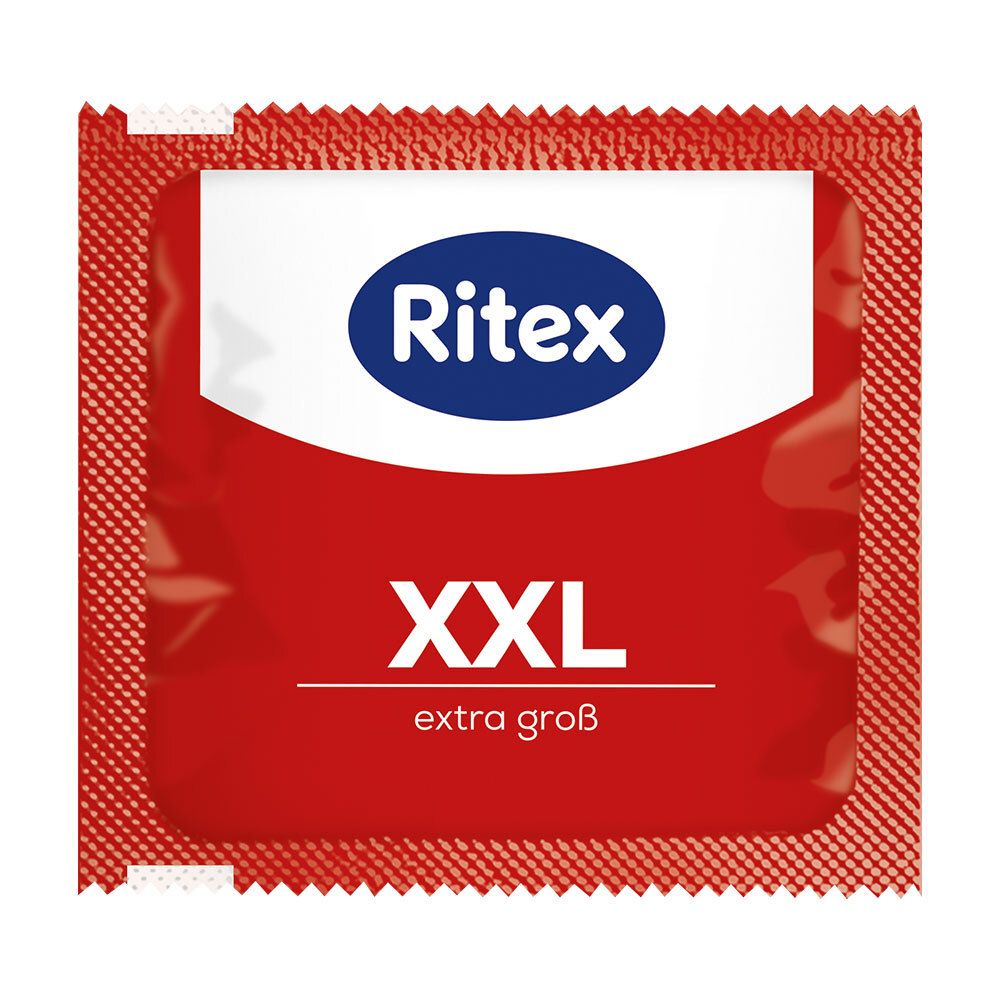 Rood condoom in individuele verpakking. Opschrift: Ritex, XXL, extra groß.