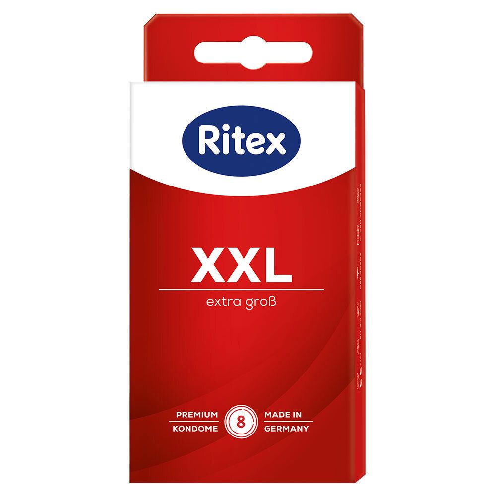 Rode Ritex XXL condoomverpakking met 8 condooms. Opschrift: XXL extra groß.