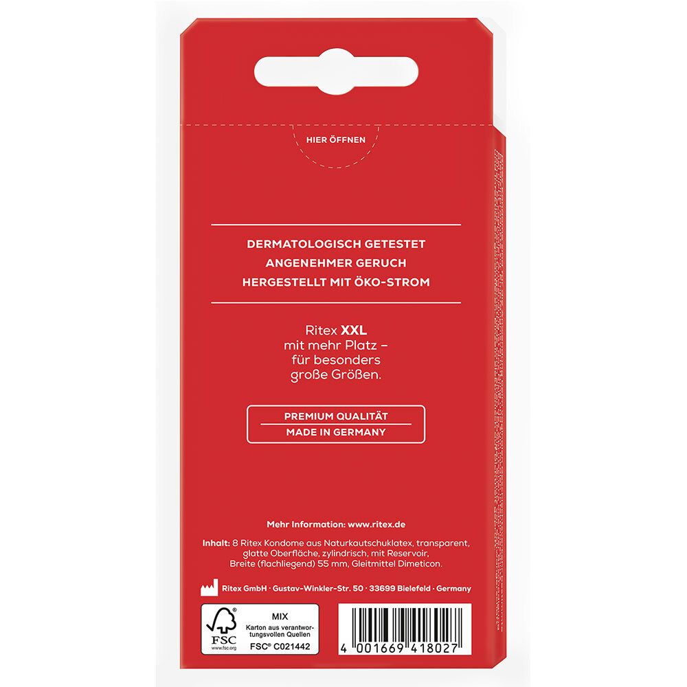 Achterkant van de rode condoomverpakking. Tekst: Dermatologisch getest, Ritex XXL, Made in Germany.