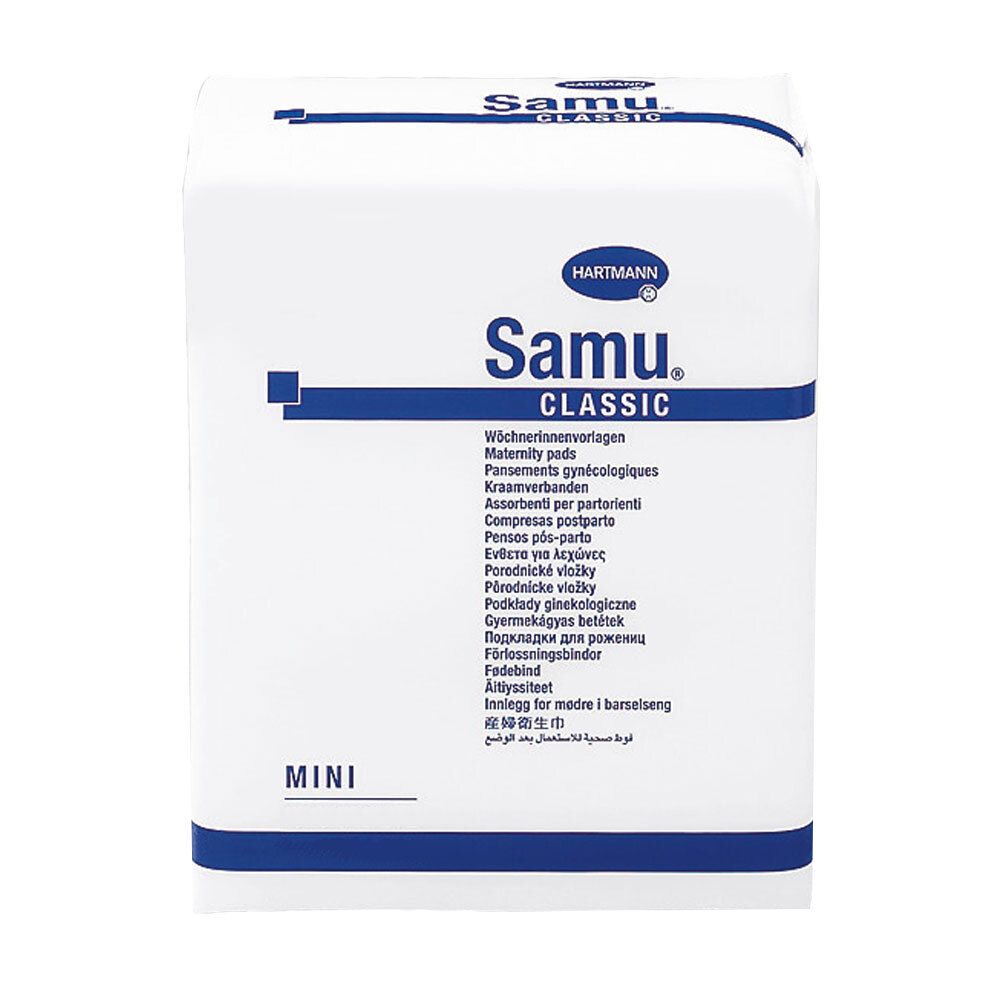 Compresses post-partum. Emballage blanc avec texte bleu et logo. Nom de la marque et indication MINI.