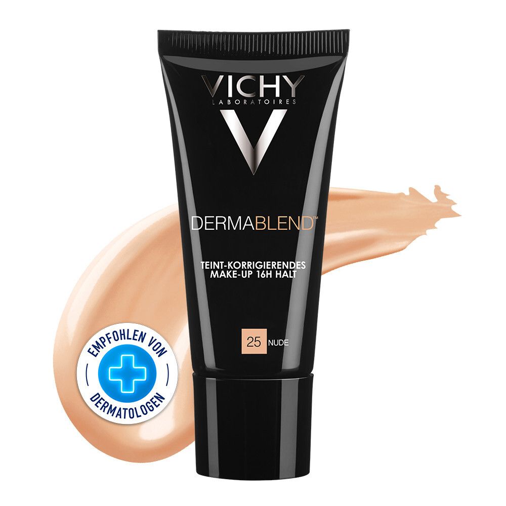 Tube de maquillage Vichy Dermablend 25 Nude. Tube noir, teinte beige, logo et texte.