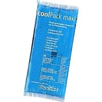 Blauwe, rechthoekige coolPack maxi. Tekst: Kaltkompresse. Merk Coolike. Verpakking met productinformatie.