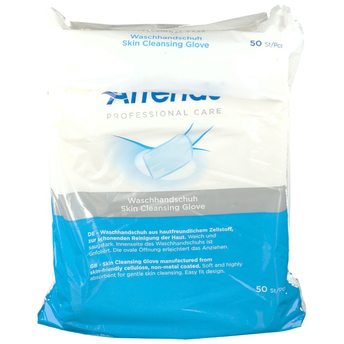 Verpakking Attends Professional Care washandjes. 50 stuks. Tekst in het Duits en Engels.