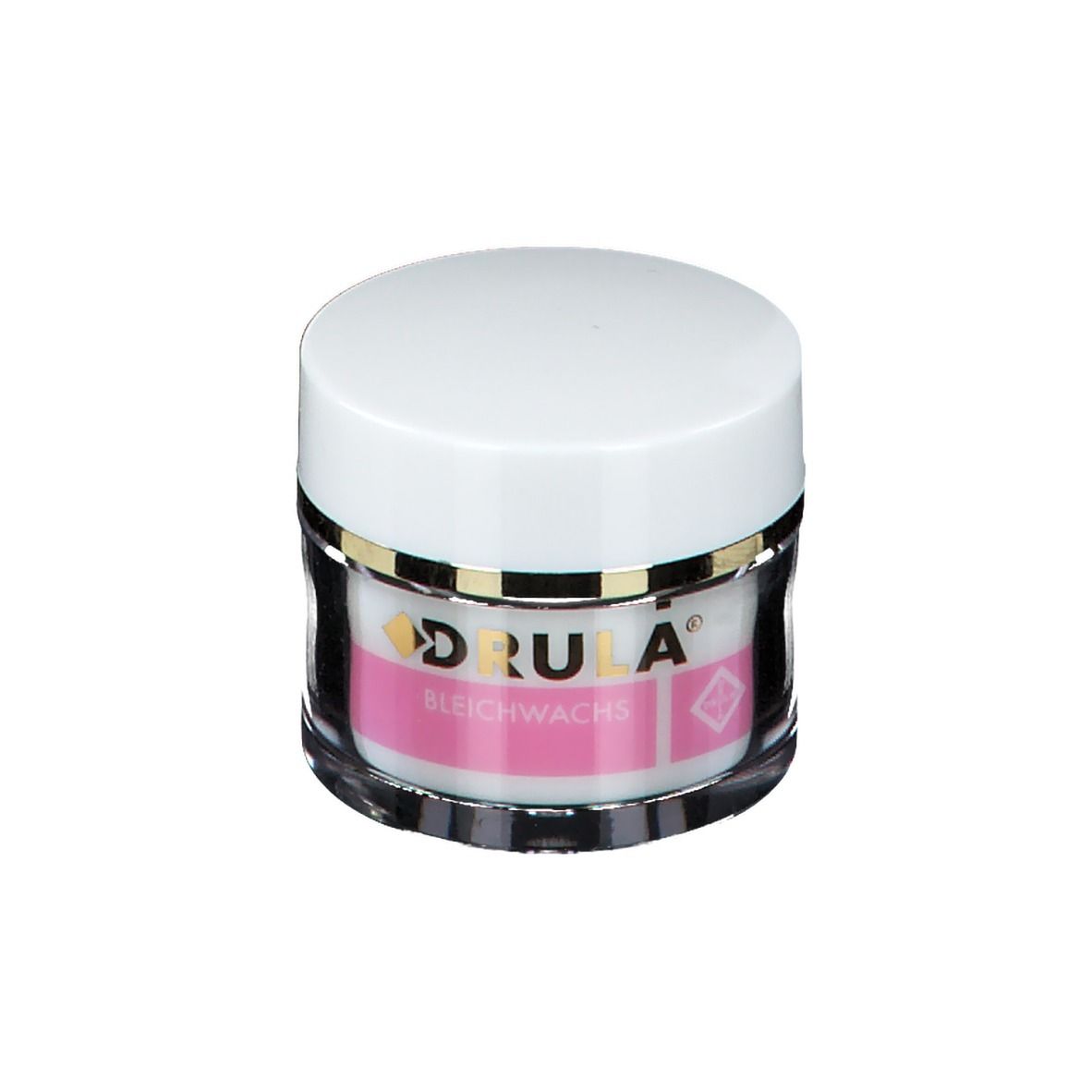 Pot rond avec couvercle blanc. Étiquette rose avec DRULA et Bleichwachs. Base en verre transparent.