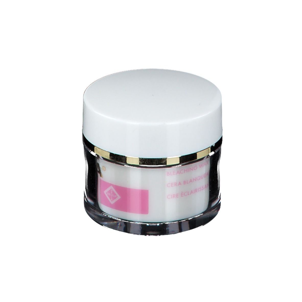 Pot rond avec couvercle blanc. Étiquette rose avec texte multilingue. Base en verre transparent.