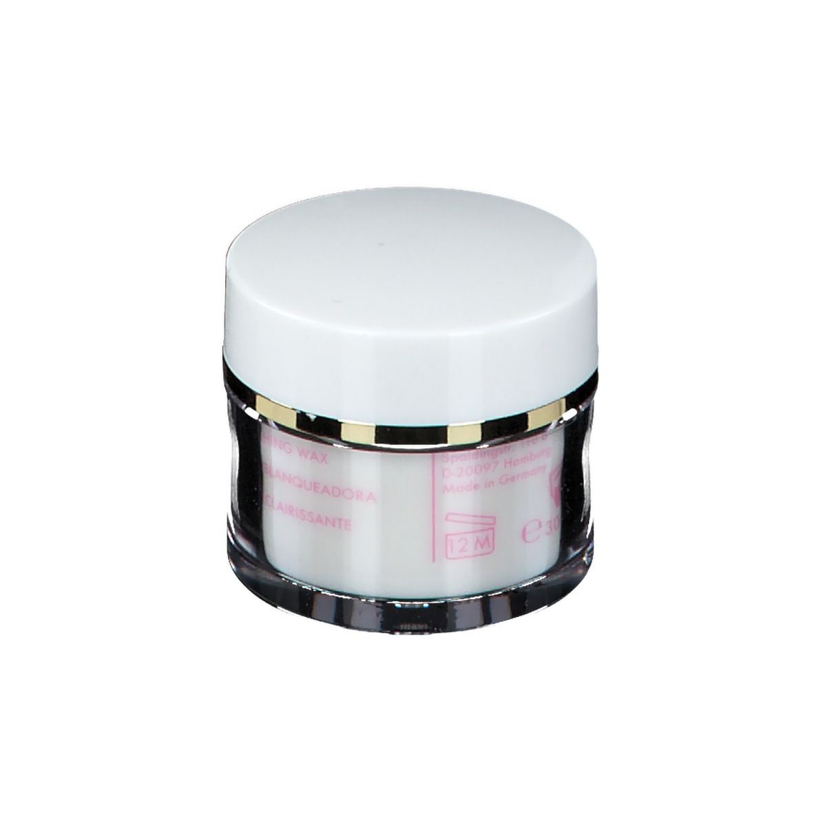 Pot rond avec couvercle blanc. Étiquette rose avec texte multilingue. Base en verre transparent.