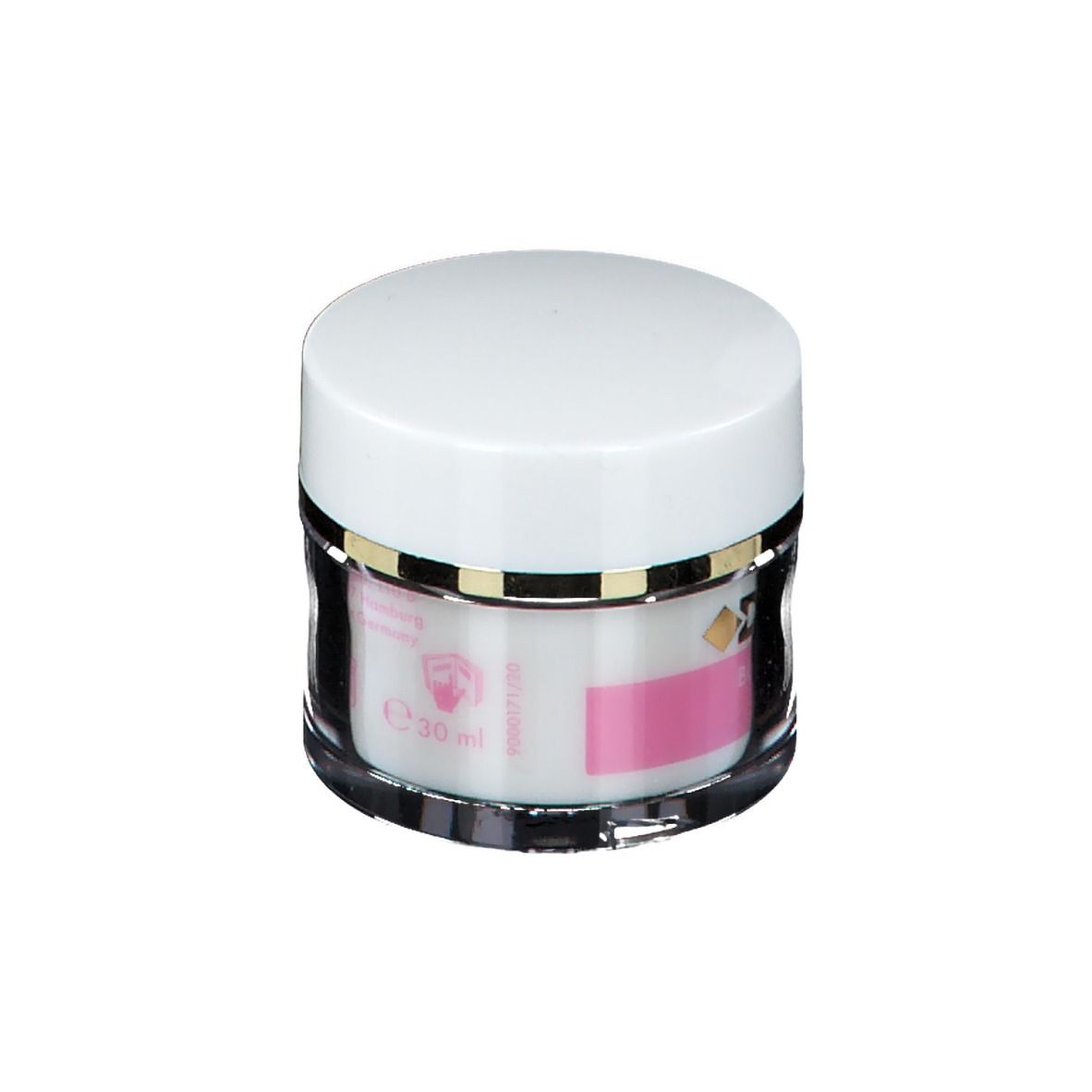 Pot rond avec couvercle blanc. Étiquette rose avec texte et logo. Base en verre transparent. 20 ml.