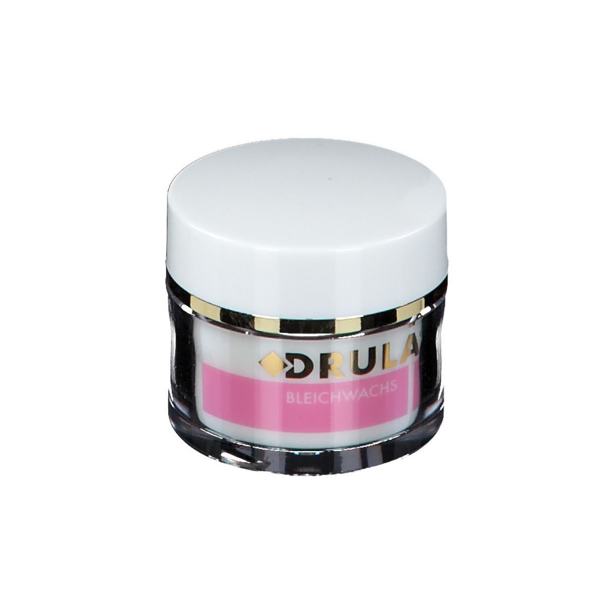 Pot rond avec couvercle blanc. Étiquette rose avec DRULA et Bleichwachs. Base en verre transparent.