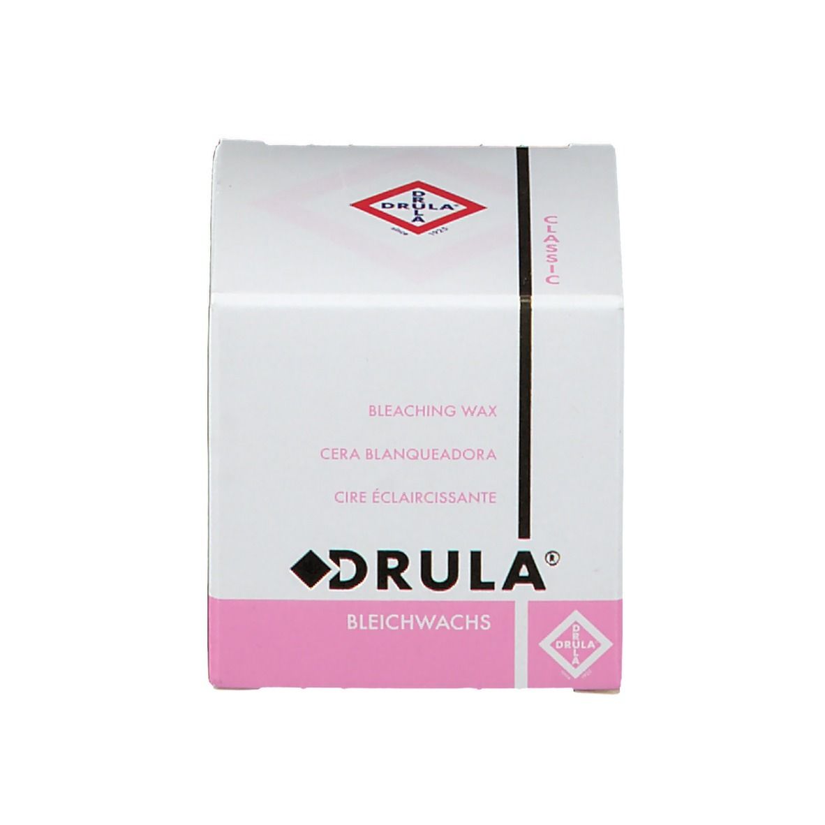Emballage produit blanc. Étiquette rose avec DRULA et Bleichwachs. Texte multilingue.