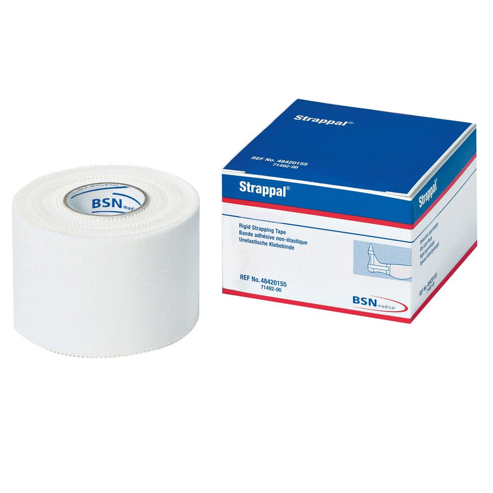 Witte rol en verpakking van Strappal®. Op de verpakking staat "Rapid Strapping Tape".