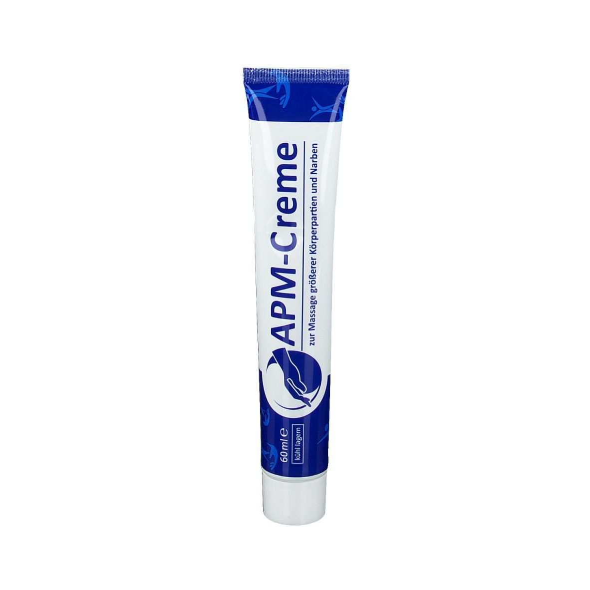 Tube de crème blanche et bleue. Inscription APM-Creme, logo et texte. 60ml.