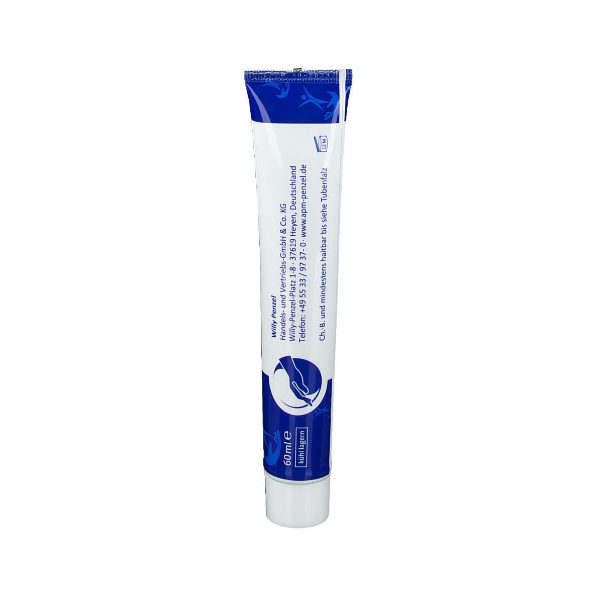 Tube de crème blanche avec bouchon bleu. Inscription et logo. Informations du fabricant au dos.