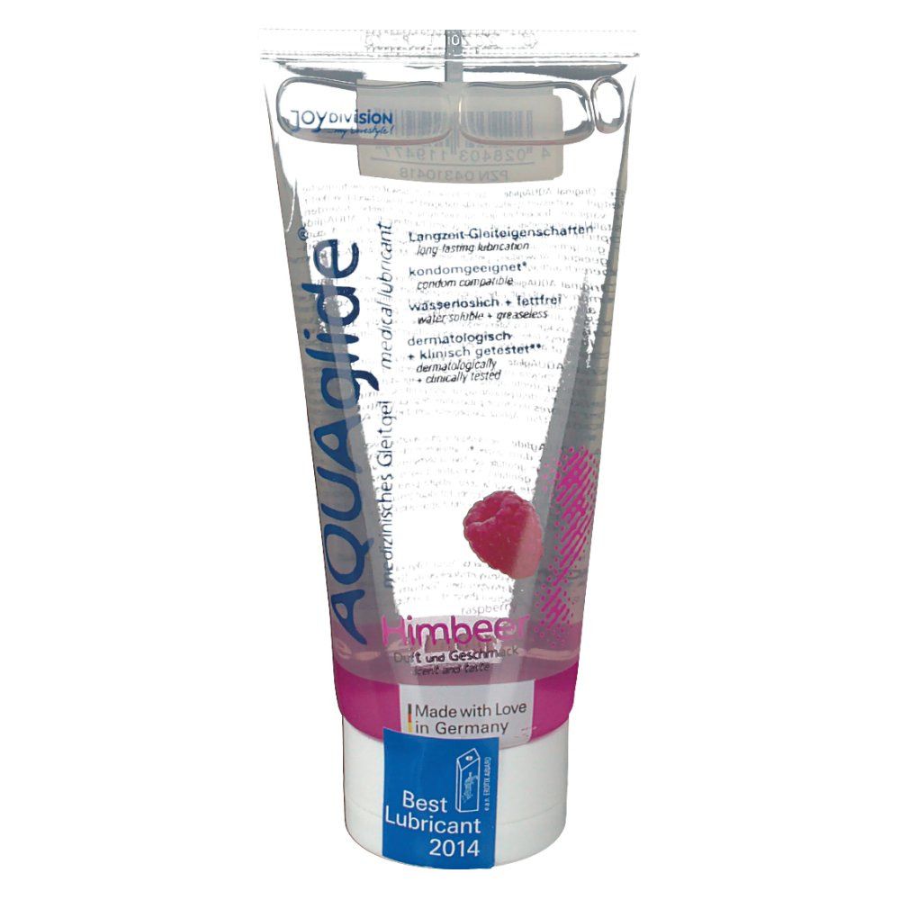 Transparante gel in tube. Opschrift: AQUAglide Himbeer, medische glijmiddel. Met framboos afbeelding.