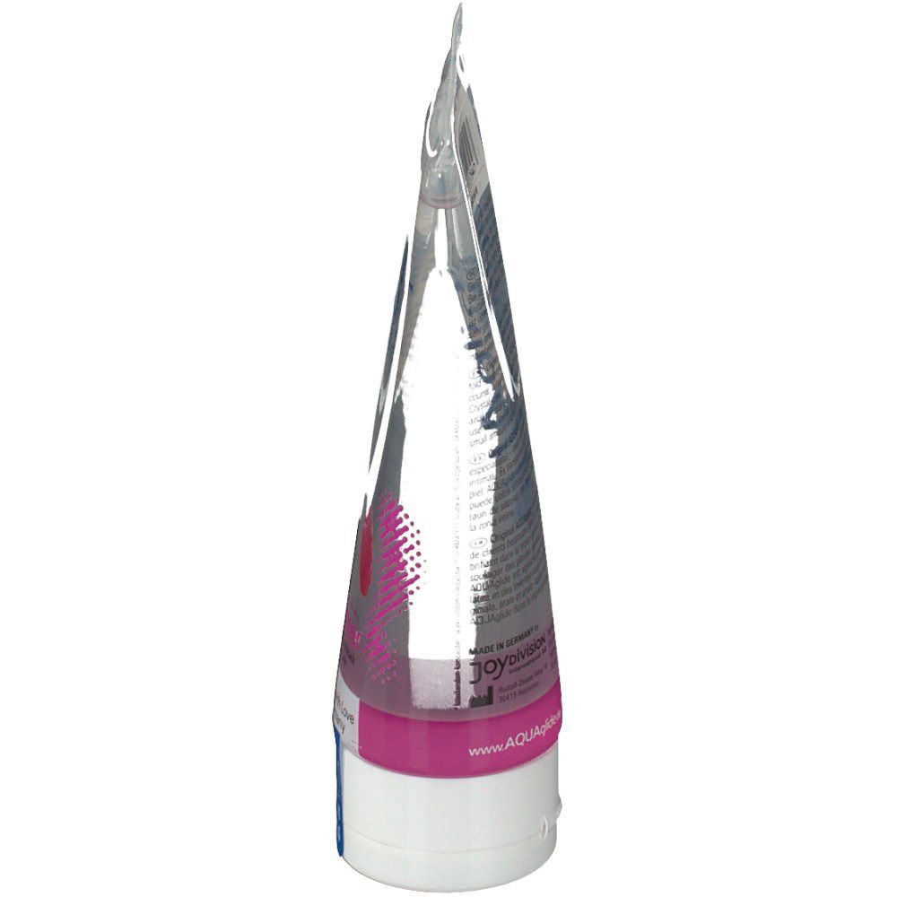 Tube met transparante gel. Opschrift: AQUAglide. Roze en wit design. Productnaam onleesbaar.