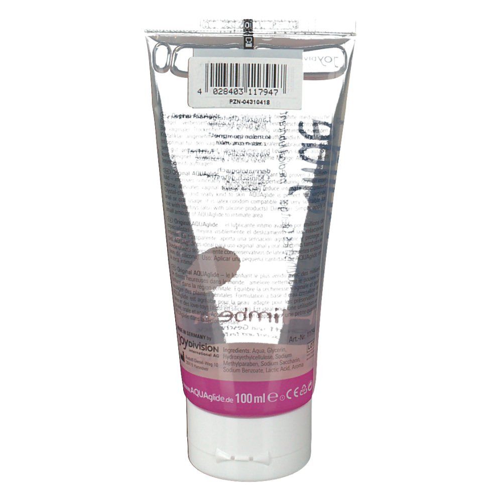 Achterkant van een tube met transparante gel. Opschrift: AQUAglide, 100ml. Roze en wit design. Barcode.