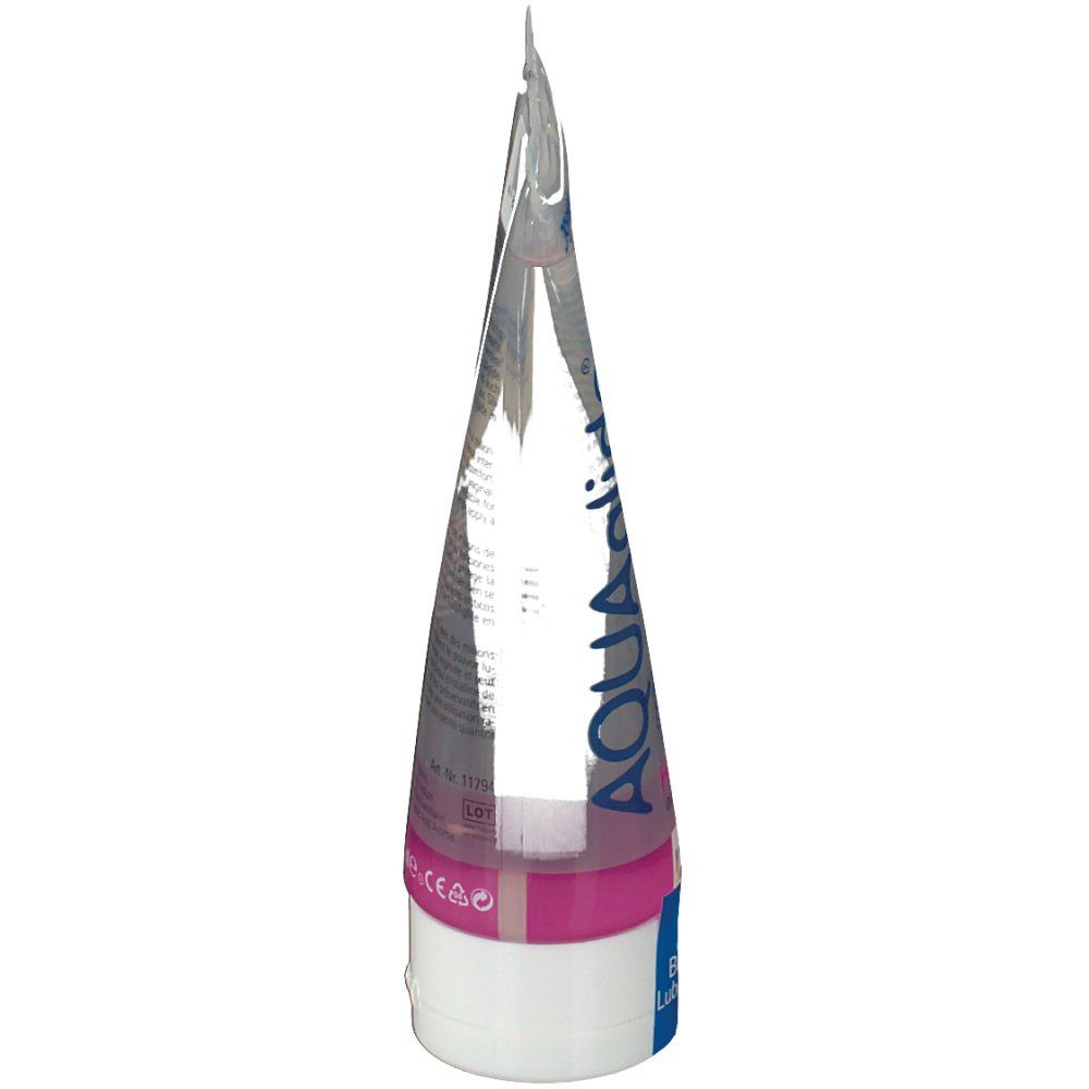 Tube met transparante gel. Opschrift: AQUAglide. Roze en wit design. Productnaam onleesbaar.