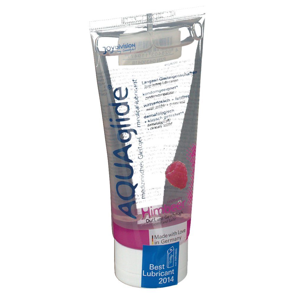 Tube met transparante gel. Opschrift: AQUAglide Himbeer, medische glijmiddel. Met framboos afbeelding.
