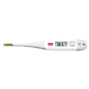 Digitale thermometer. Witte behuizing, gouden punt, display met temperatuurweergave. Merk: boso.