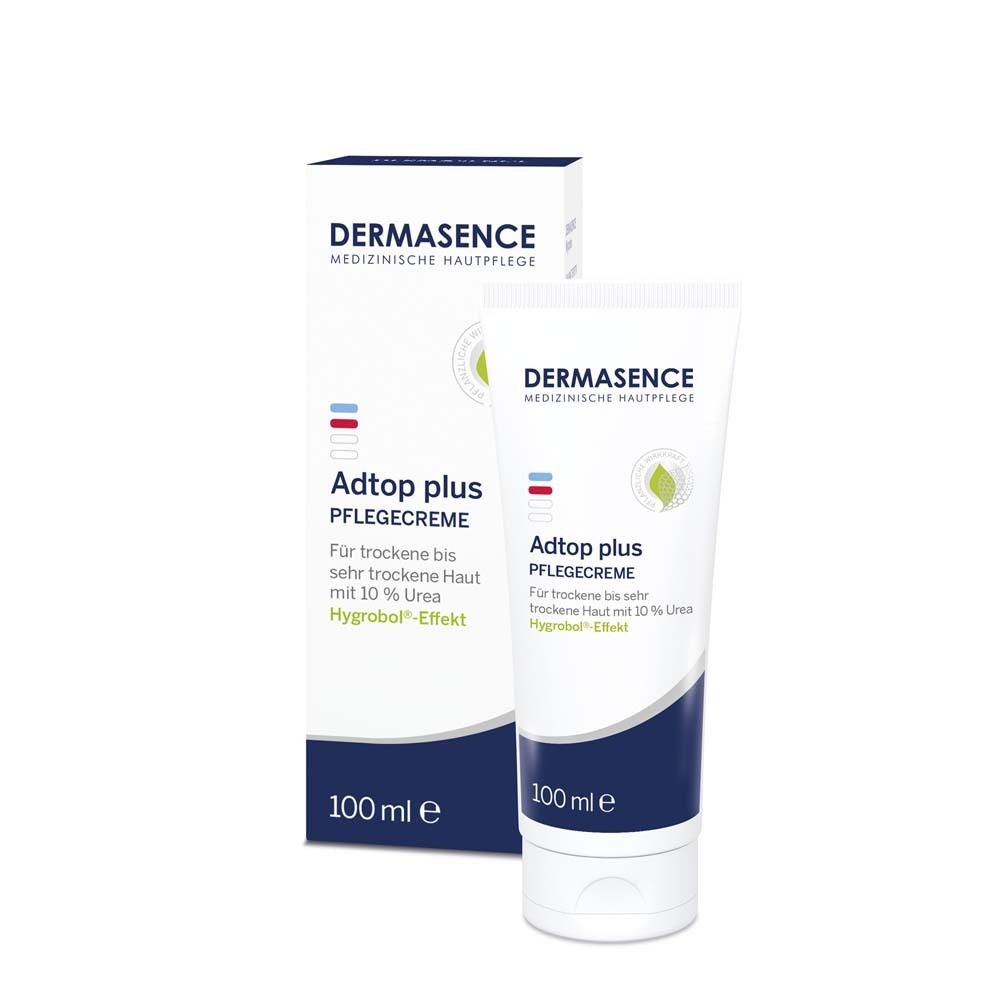 DERMASENCE Adtop plus Pflegecreme tube en verpakking. Witte tube met blauwe tekst. 100 ml.