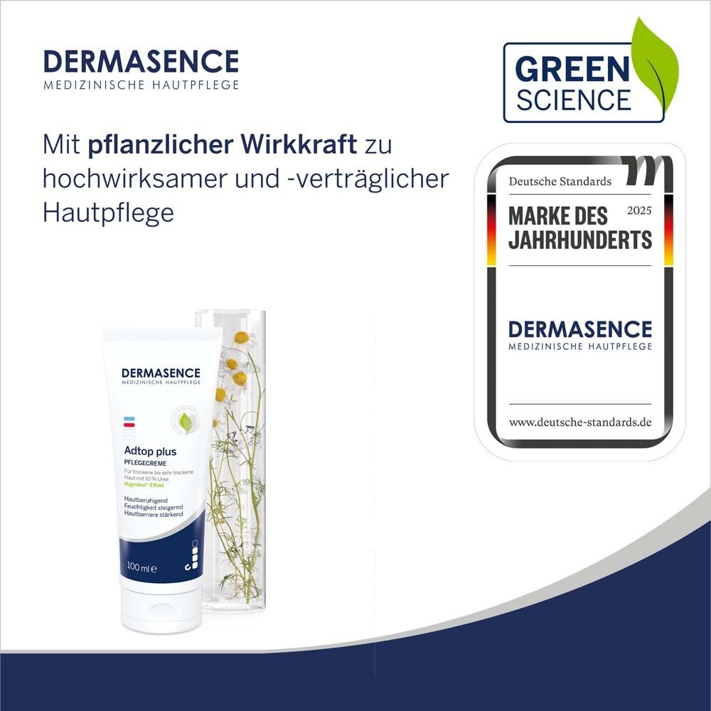 DERMASENCE Adtop plus Pflegecreme tube en verpakking. Logo, label 'Merk van de Eeuw'.