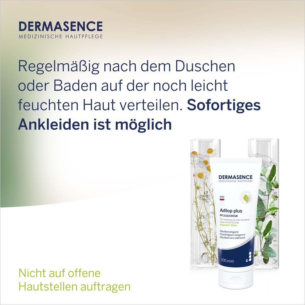 DERMASENCE Adtop plus Pflegecreme tube. Tekst: Aanbrengen na het douchen of baden.