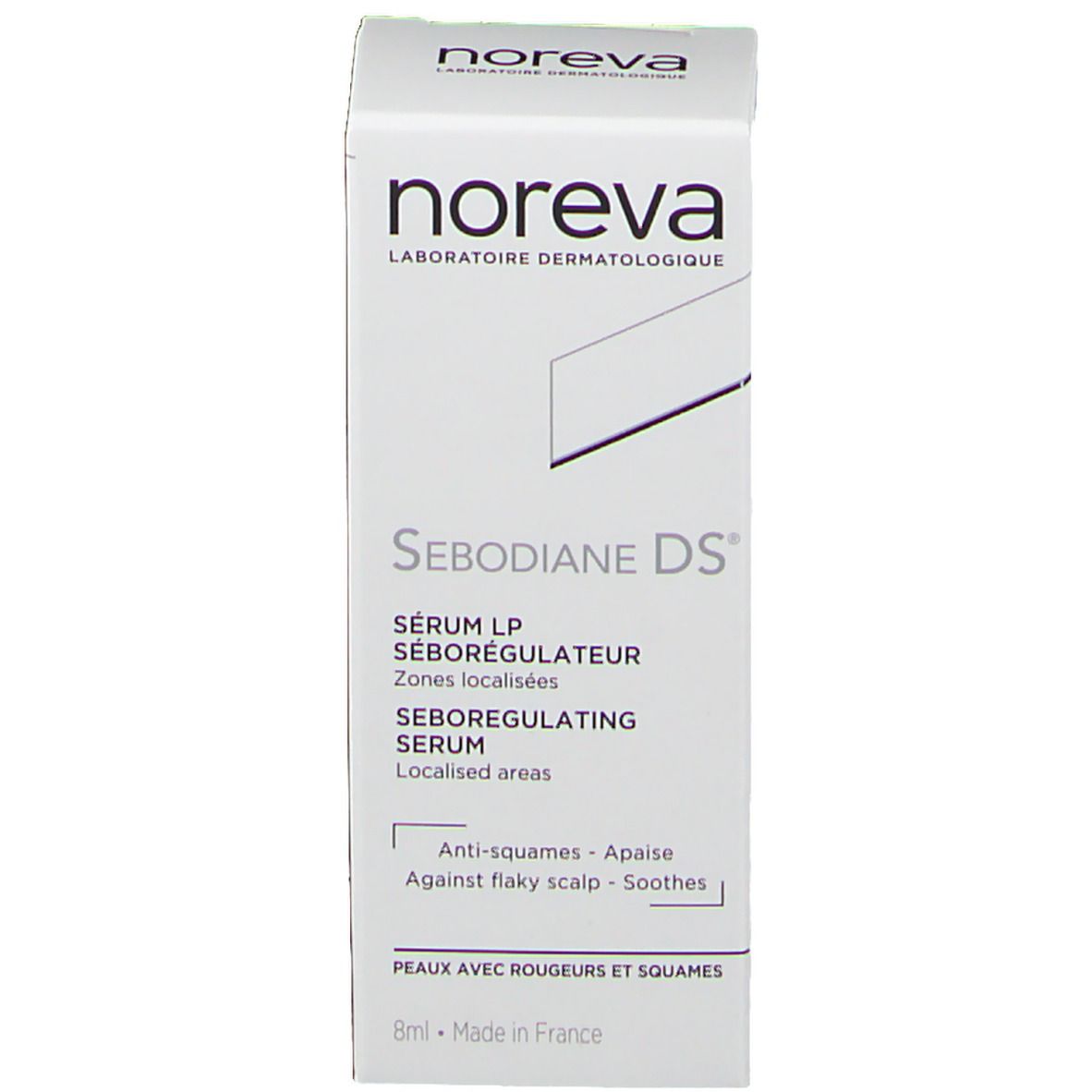 Emballage blanc avec nom du produit et informations. Inscription: Noreva, Sebodiane DS, Sérum LP, Séborégulateur.