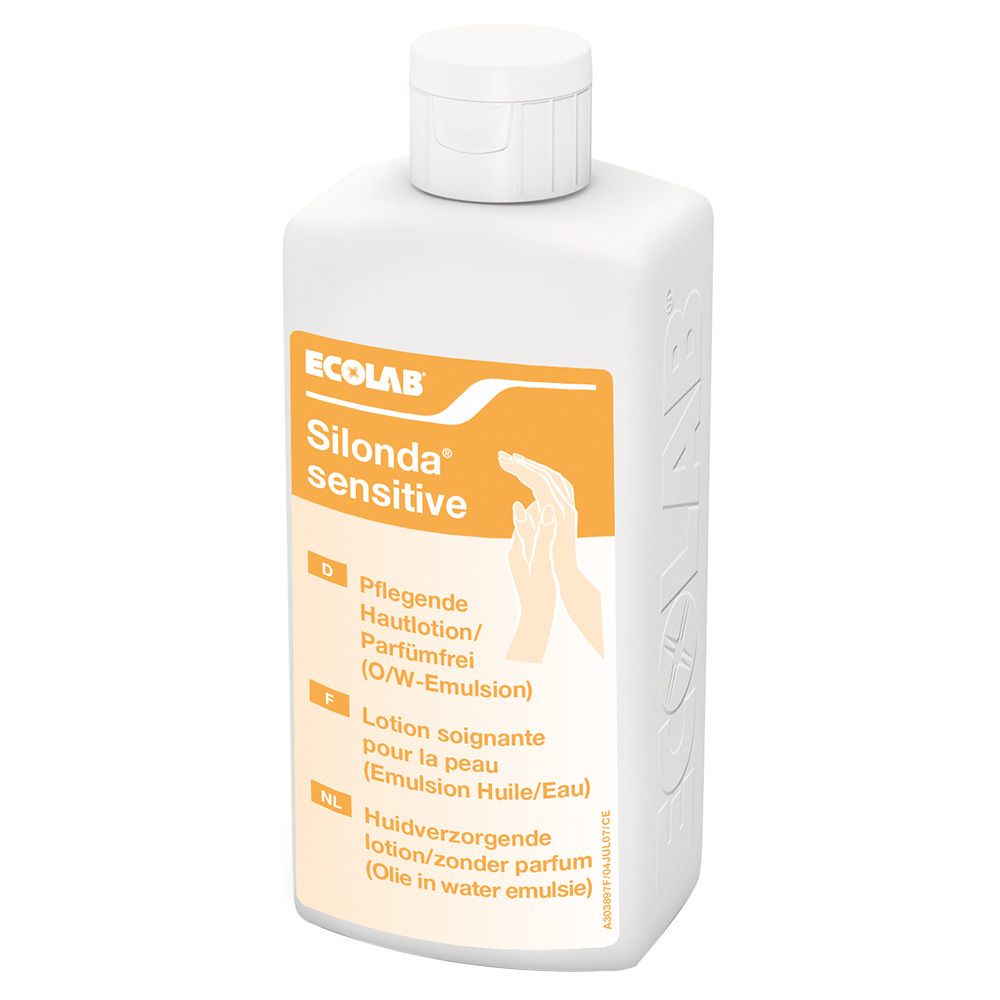 Witte fles Silonda® sensitive. Oranje etiket met productnaam, handensymbool en tekst in het Duits, Frans en Nederlands.