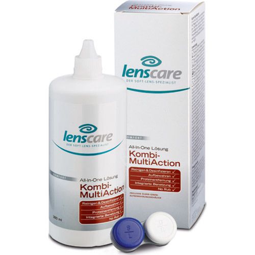 Flacon blanc avec bouchon à vis et boîte. Inscription : Lenscare Kombi-MultiAction. Deux étuis pour lentilles.