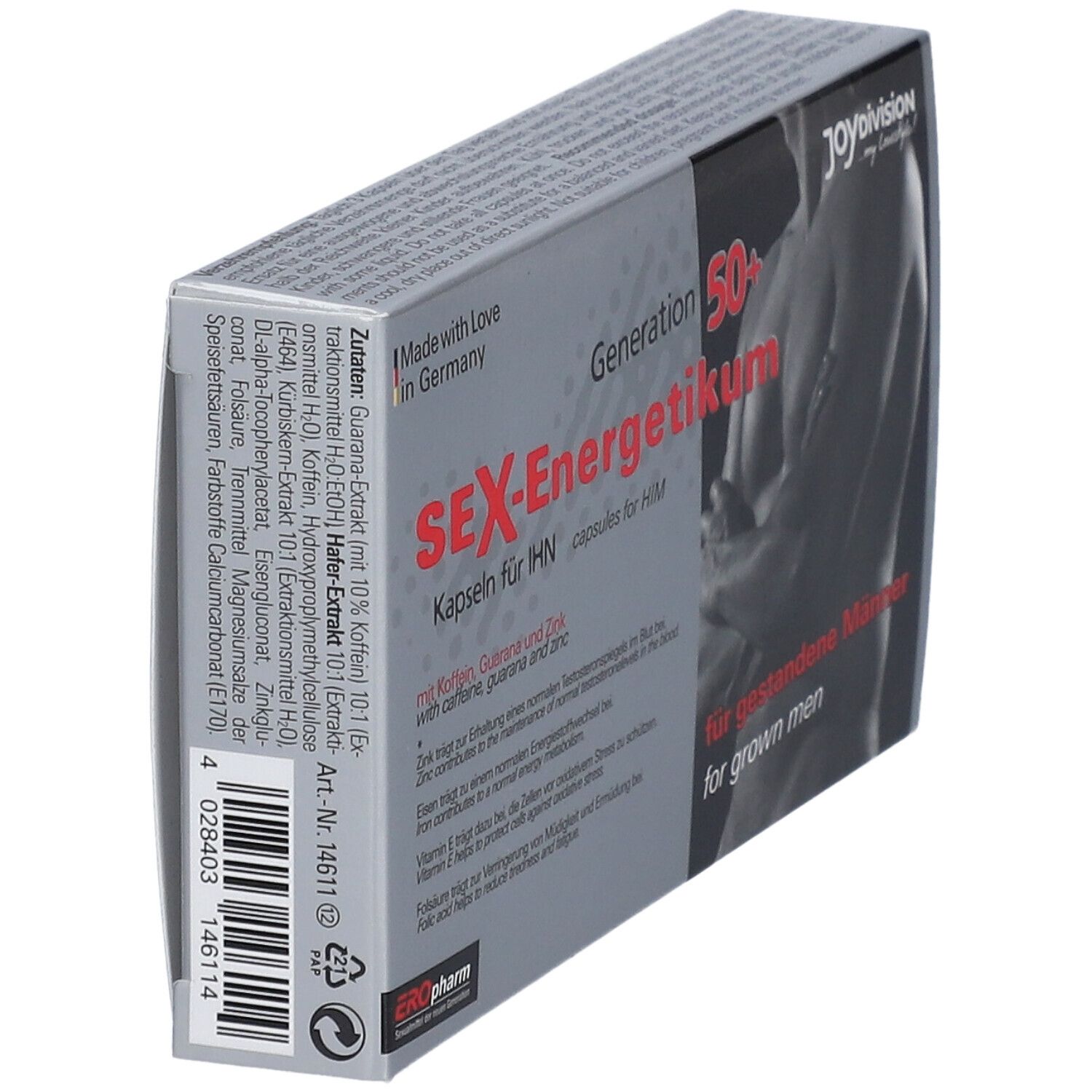 Boîte grise Sex-Energetikum Generation 50+. Dos avec liste d'ingrédients et informations nutritionnelles. Contient des capsules.