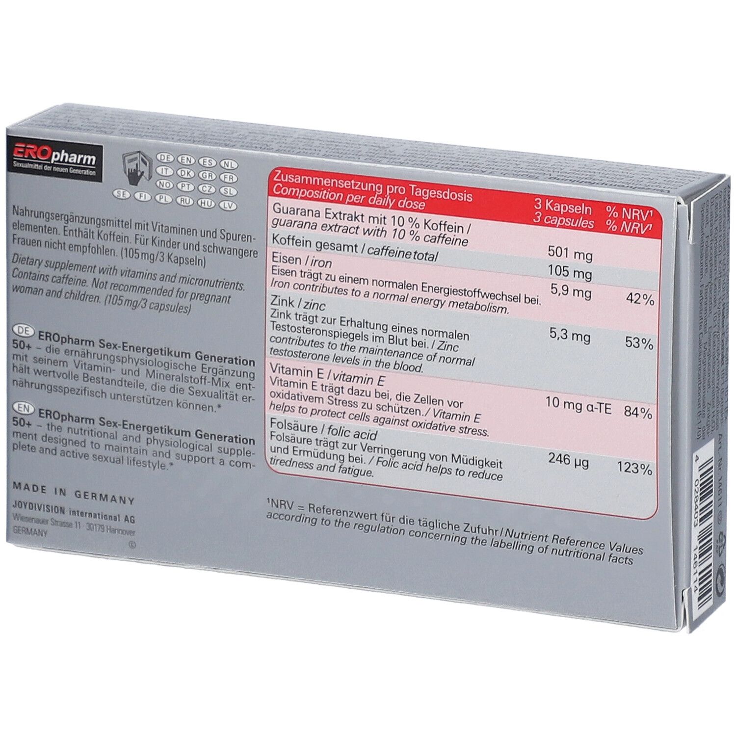 Dos de la boîte Sex-Energetikum Generation 50+. Informations nutritionnelles et ingrédients. Pour hommes. 3 capsules par dose.