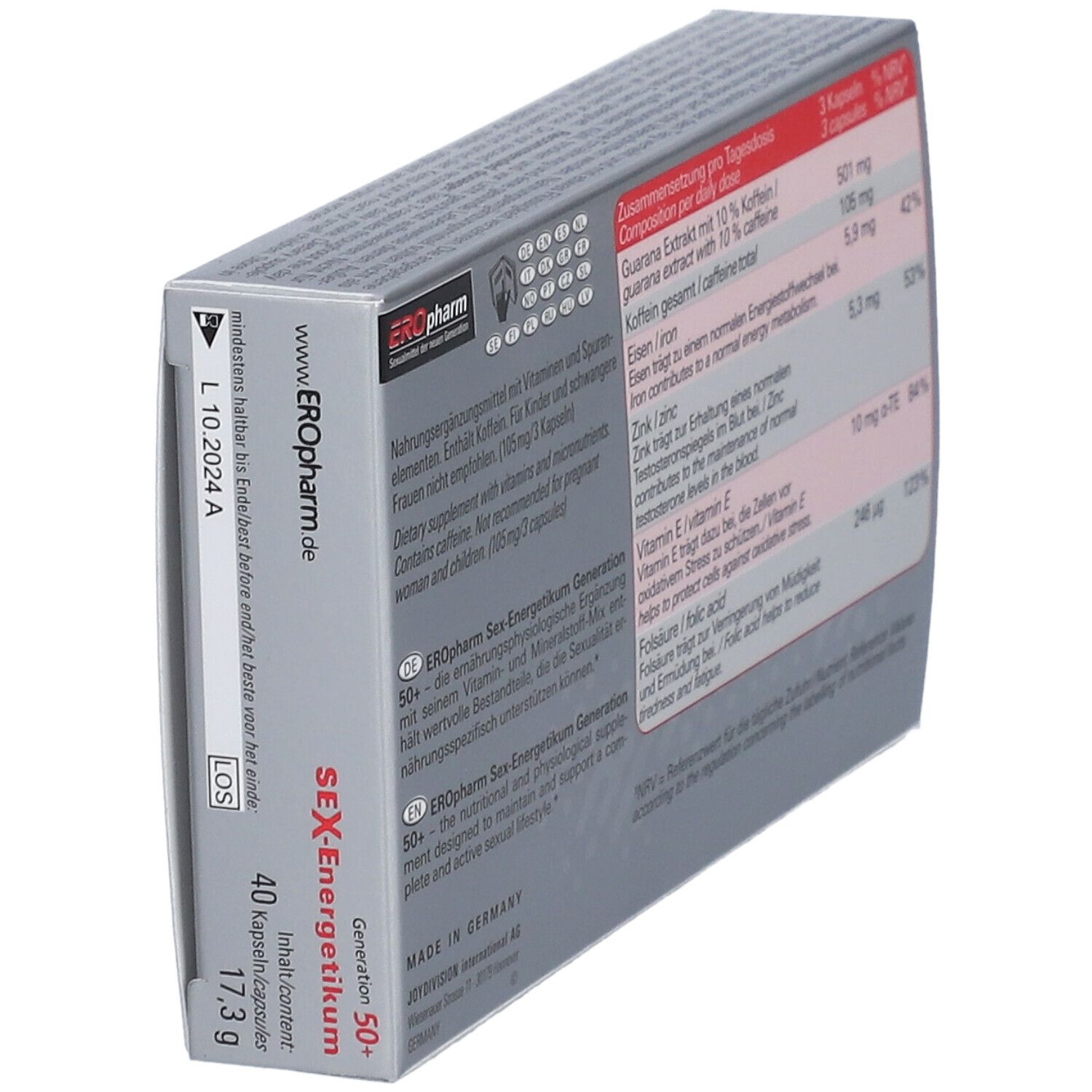 Boîte Sex-Energetikum Generation 50+ avec 40 capsules. Informations nutritionnelles et ingrédients. Pour hommes. Emballage gris.
