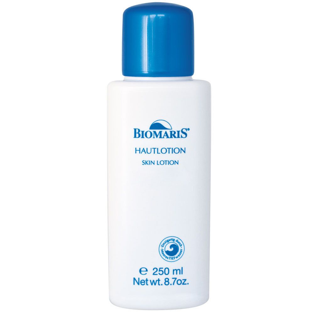 Flacon blanc avec bouchon bleu. Inscription : BIOMARIS HAUTLOTION SKIN LOTION. En bas : e 250 ml Net wt. 8.7oz. Avec logo.