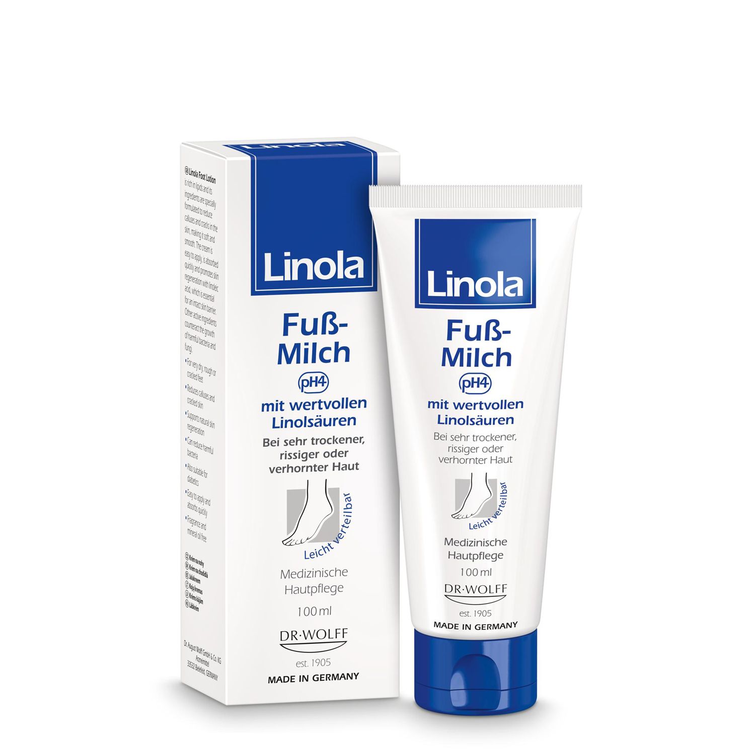 Linola Fuß-Milch, crème pour les pieds très secs. Tube et emballage. Contient des acides linoléiques précieux.