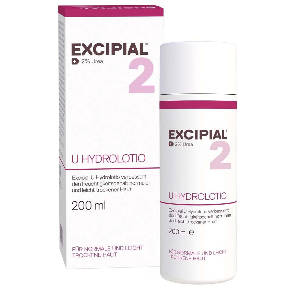 Flacon et boîte blanc et rose. Inscription : EXCIPIAL 2% Urée U Hydrolotio. 200 ml.