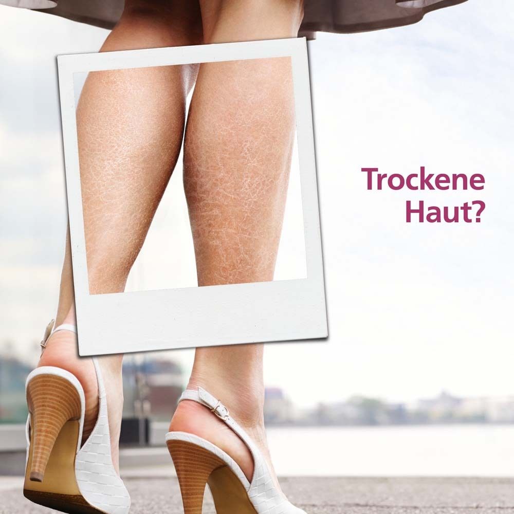 Jambes avec peau sèche dans un cadre blanc. Texte : Peau sèche ?